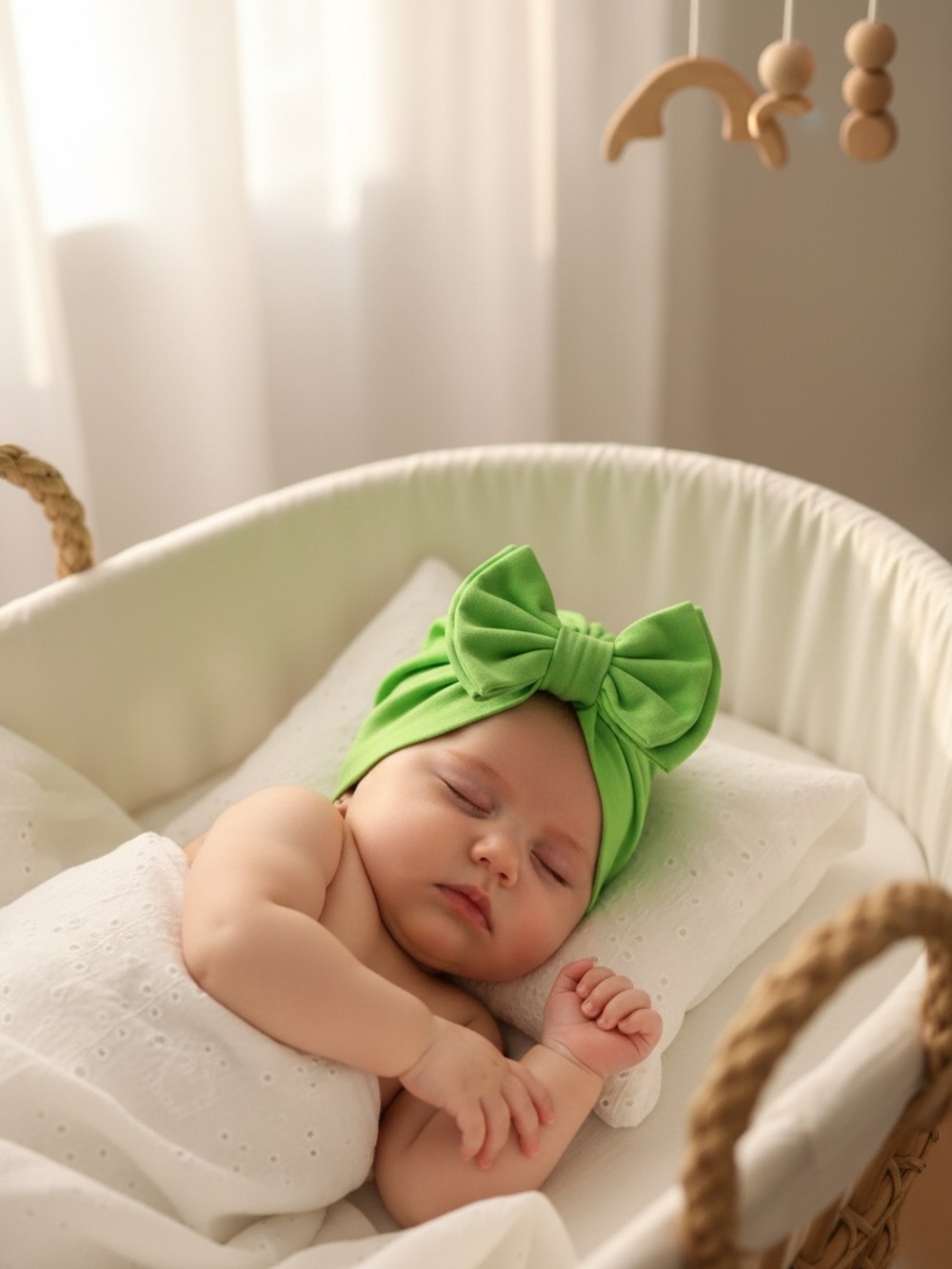Handmade Lime Green Baby Turban Hat Big Bow Stretchy Top Knot